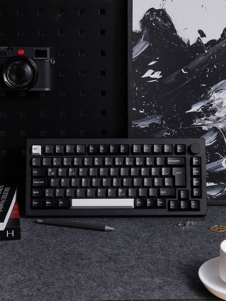 Auf dem Tisch liegt neben einer Kaffeetasse und einer Kamera eine Black & Silver 5075B Plus ISO-Tastatur