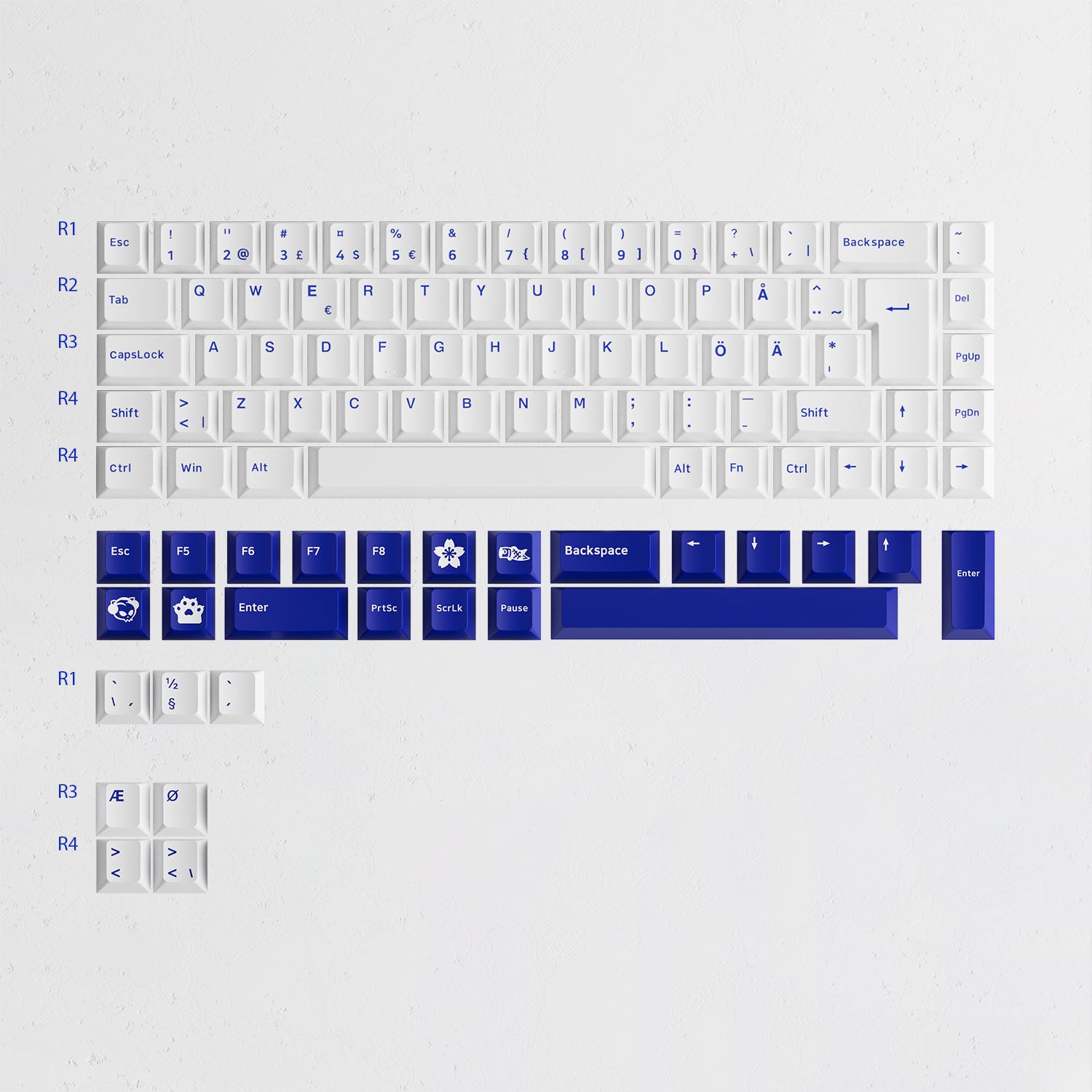 Blue on White ISO Nordic Tastenkappen Set (76-key) row height