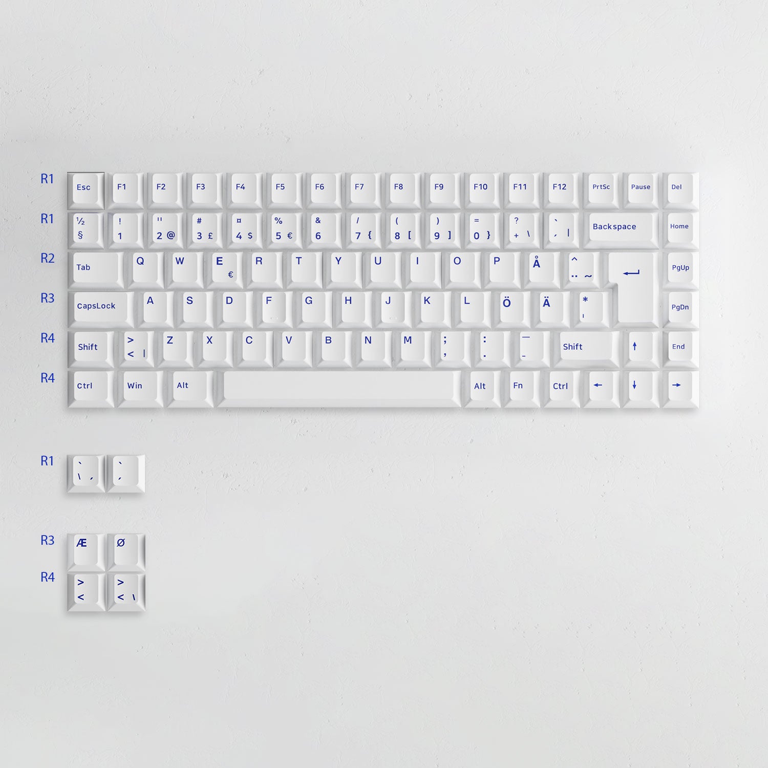 Blue on White ISO Nordic Keycap Set Row Height Details