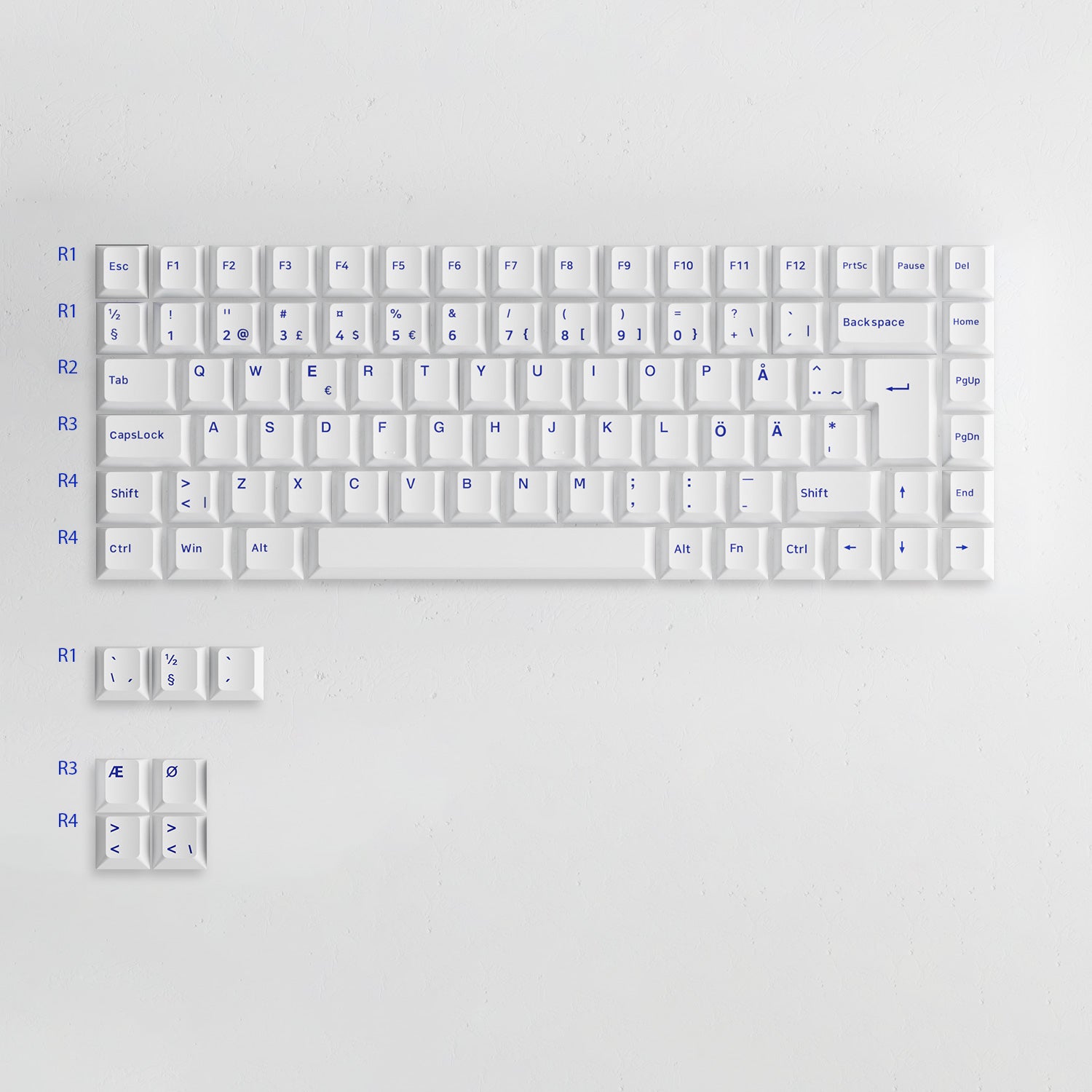 Blue on White ISO Nordic Tastenkappen Set install on the keyboard row height