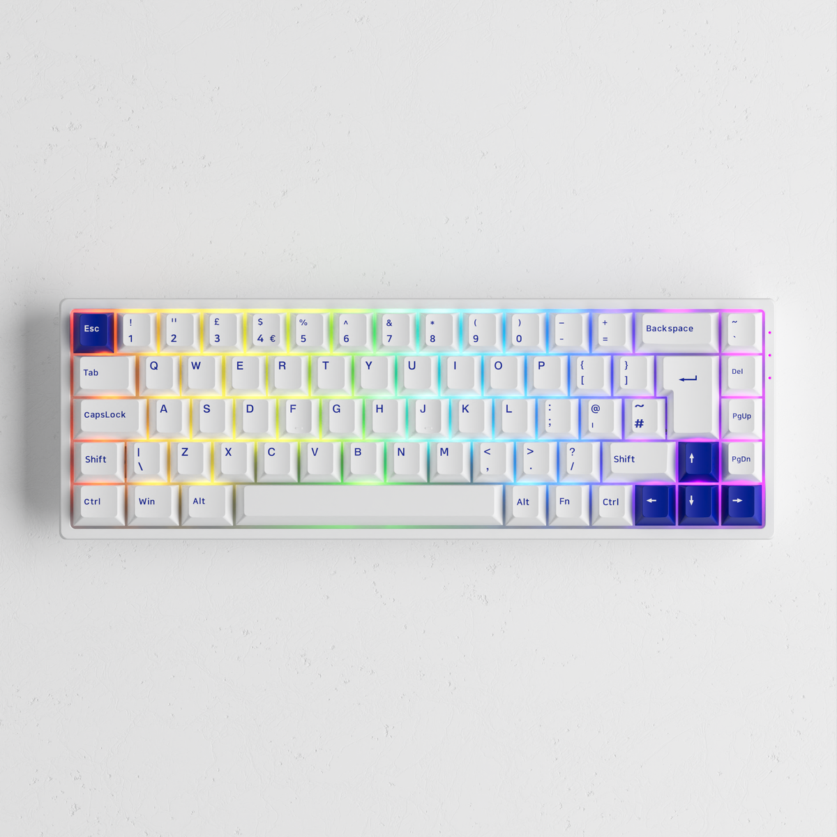 Akko Blue on White 3068B Plus ISO Keyboard with rgb in the gray background