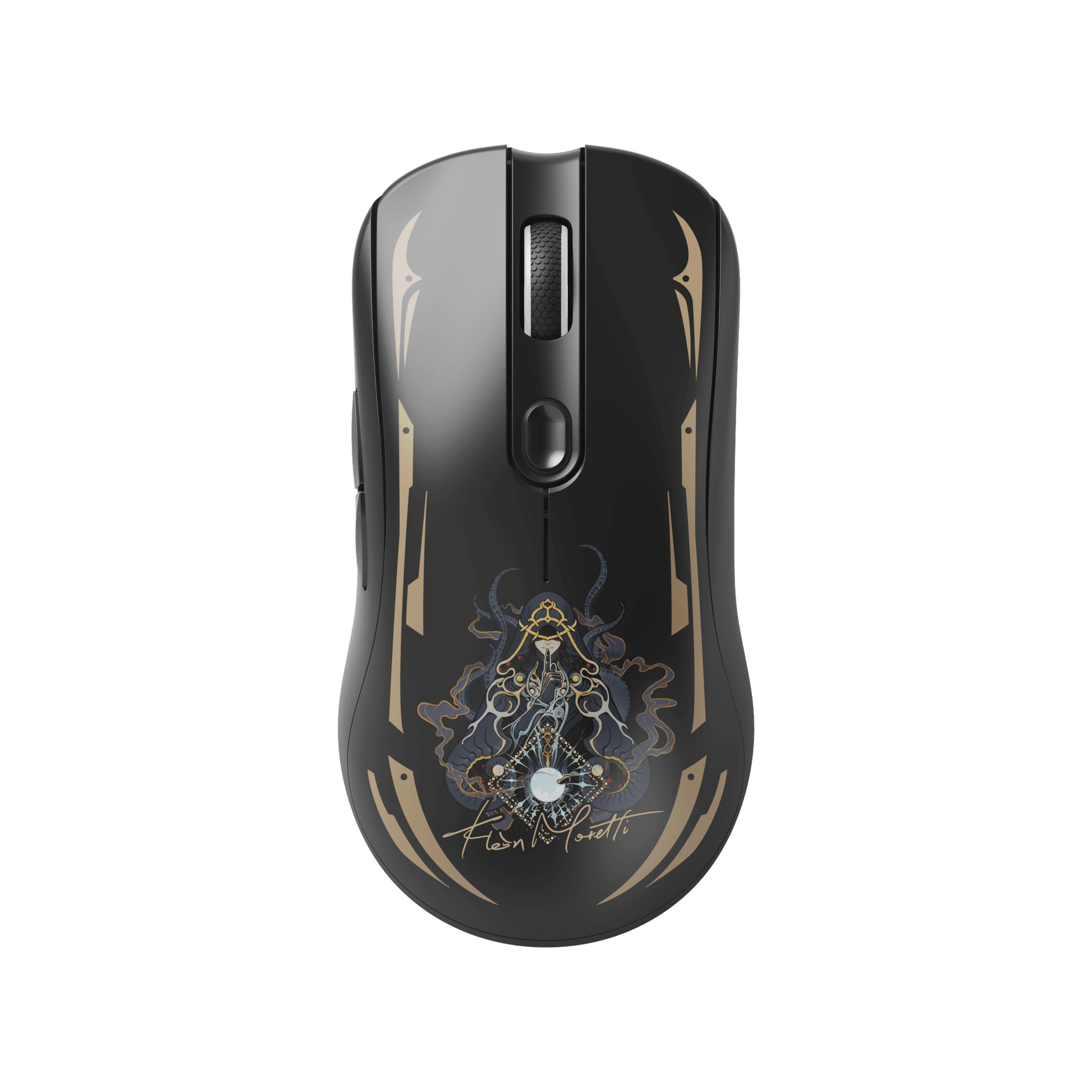 Limited edition AKKO x Lord of the Mysteries gaming mouse with a character illustration on the bottom.
