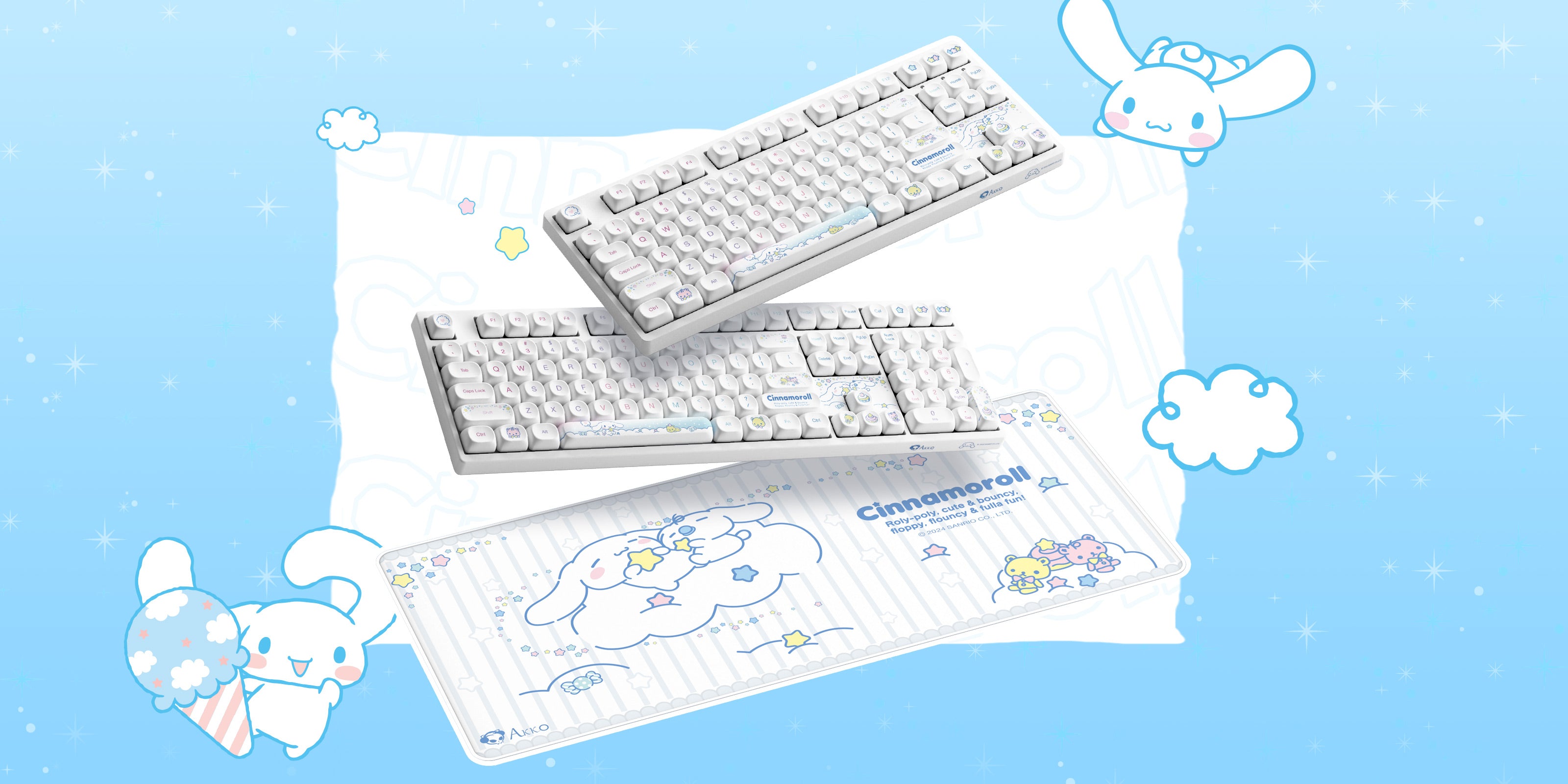 two akko cinnamoroll star 5108B plus full size keyboards with mouse pad