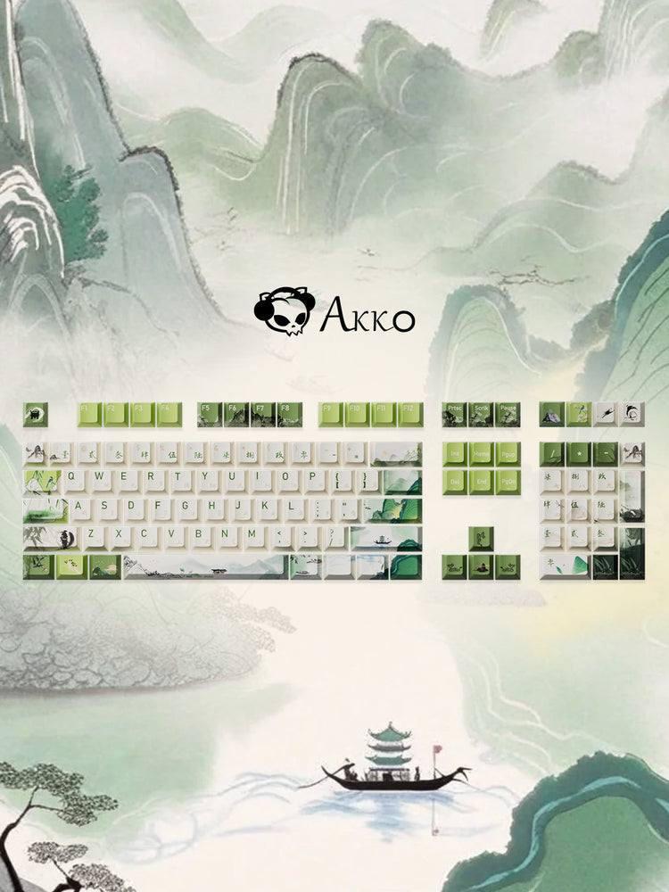 akko summer serenity PBT keycap set with the chinese landscape background