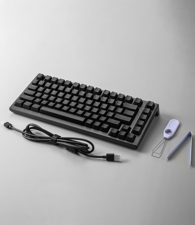 MonsGeek MG75S HE Shine-through keyboard, coil cable, keycap puller and switch puller