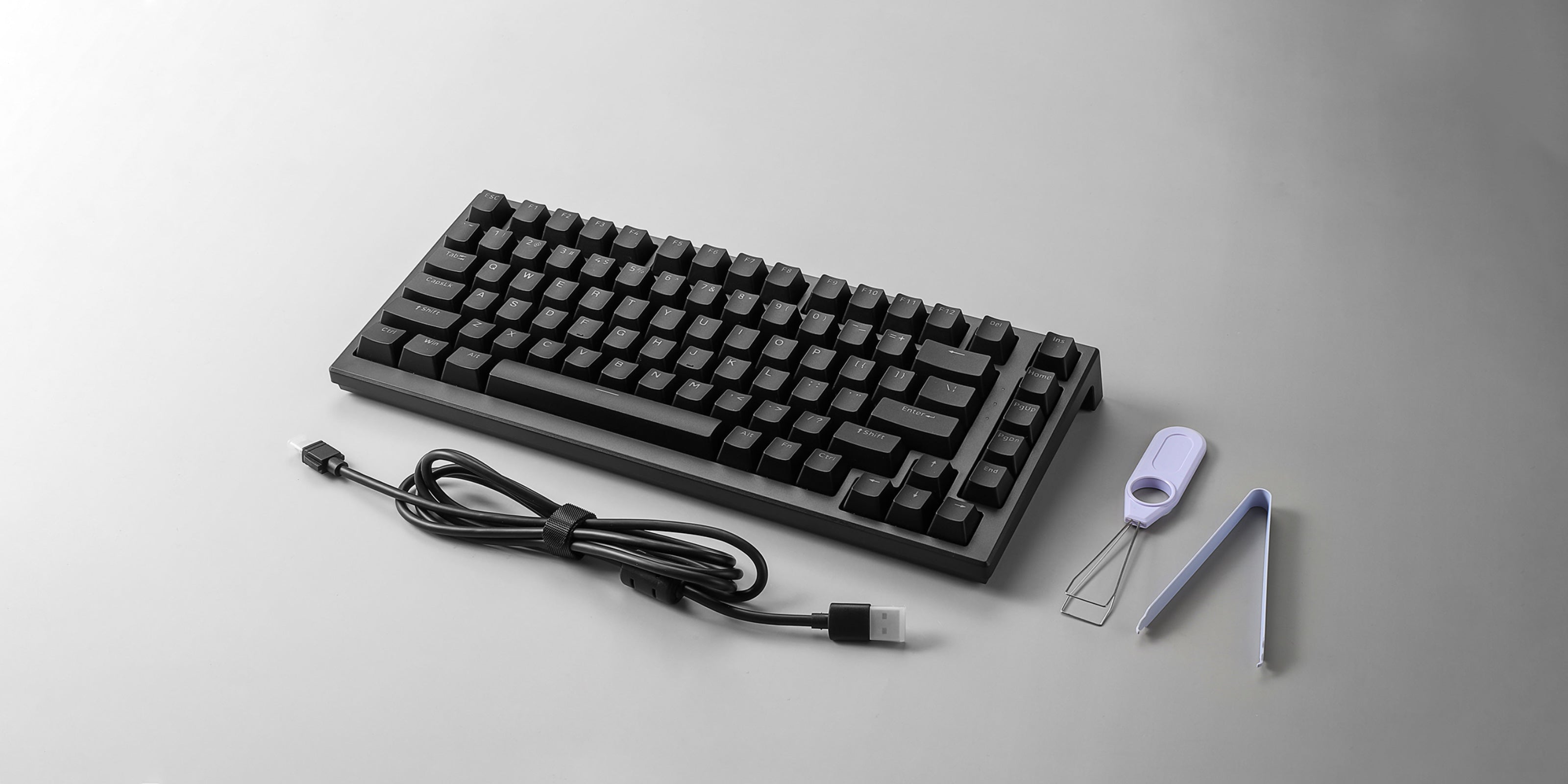 MonsGeek MG75S HE Shine-through keyboard, coil cable, keycap puller and switch puller