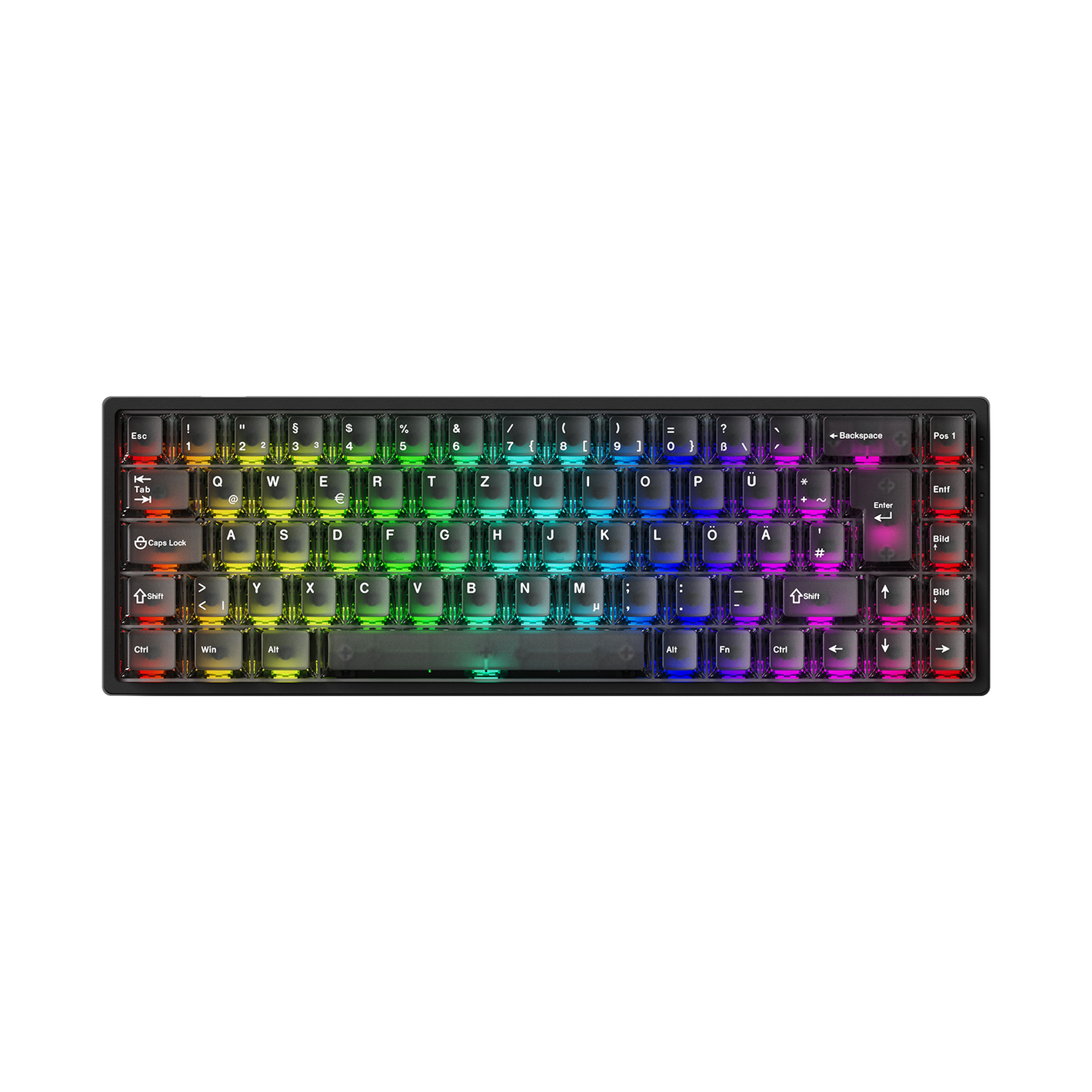 RGB Monsgeek FUN68 ISO HE Keyboard with colorful backlight on a white background
