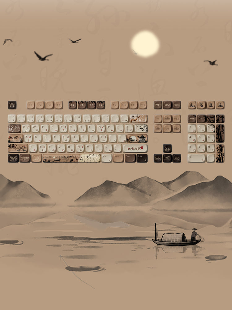 Mountain Seclusion keycap Set with a boat sailing amidst towering mountains in the background.