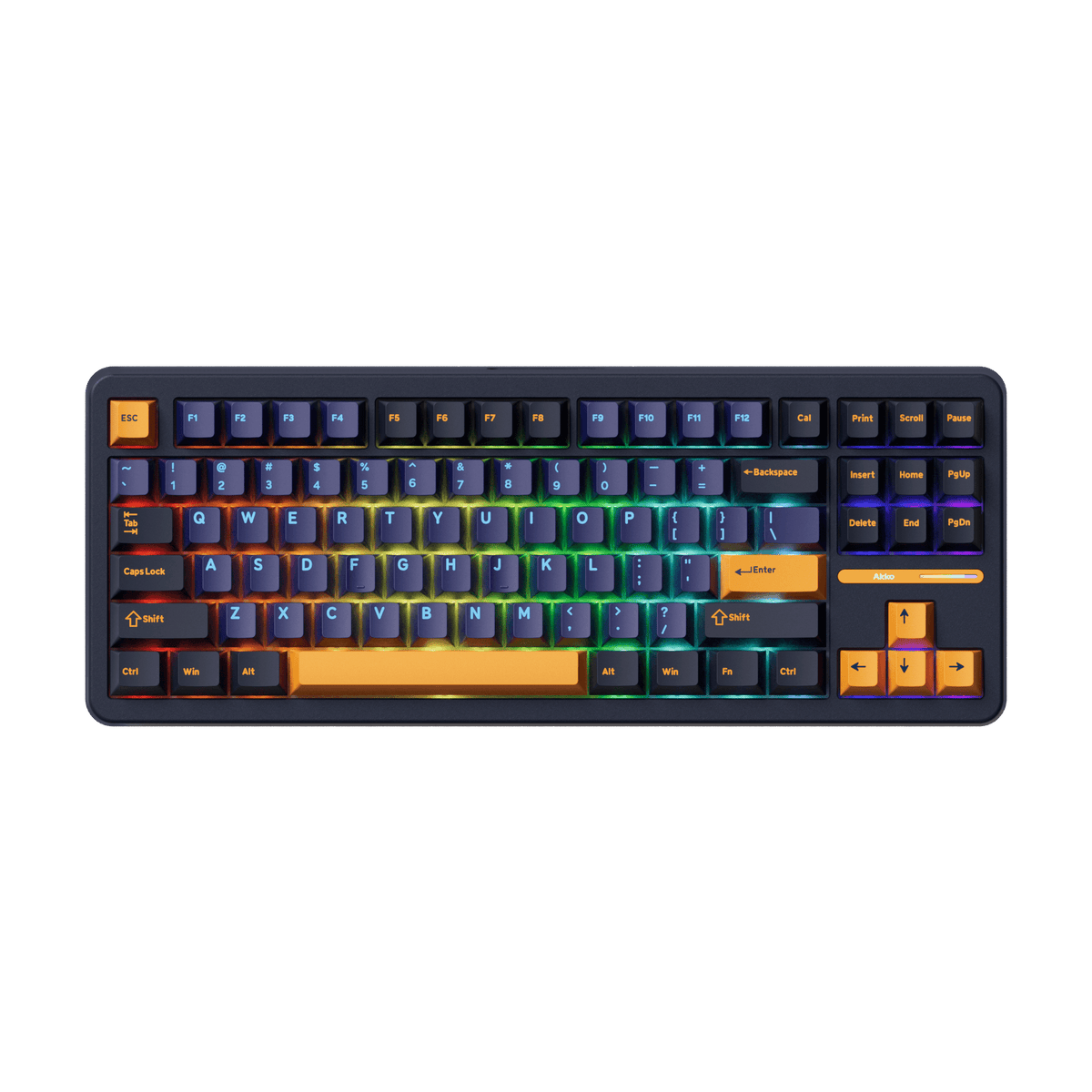 Akko TAC87 Mechanical keyboard with RGB lighting on a black background
